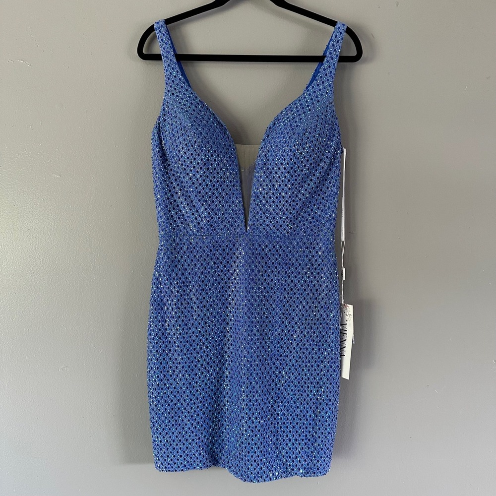 Vienna Prom 6066 Rhinestone Sequin Mini Dress Royal Blue 10